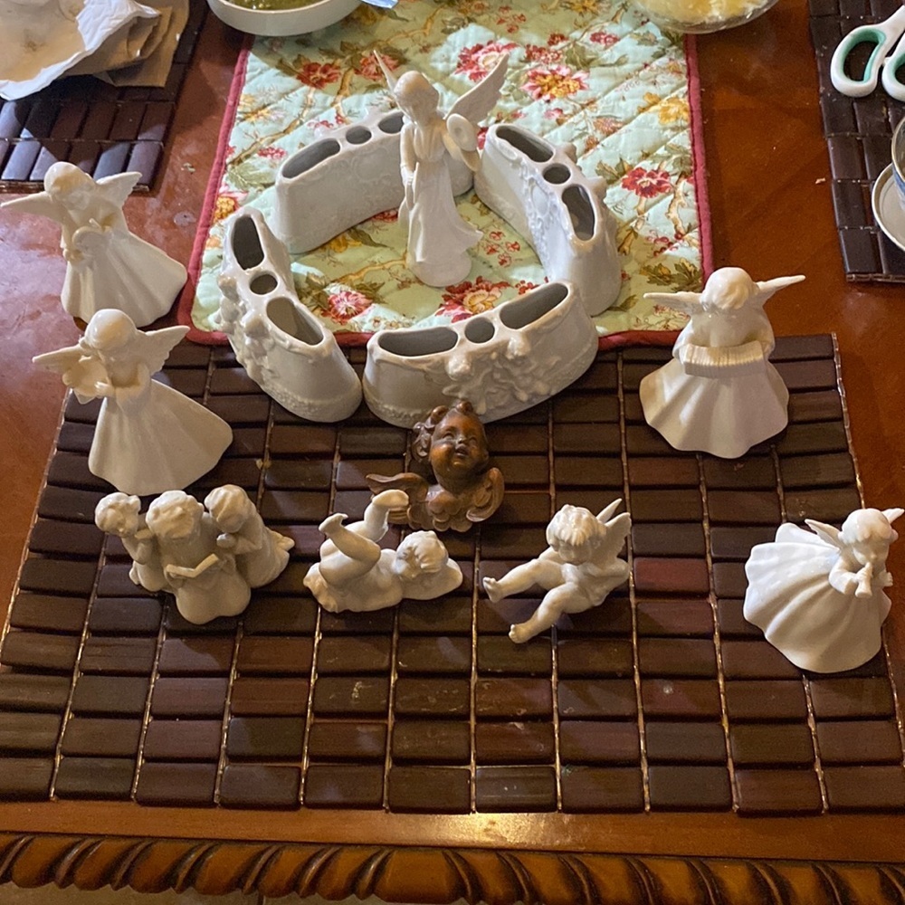 Vintage, selling as a group of angles Dresden, Midwest Japan, and flower holders
